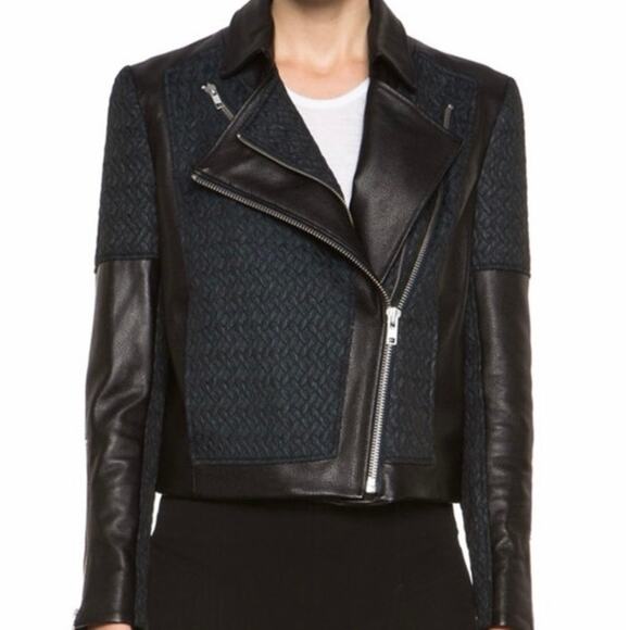 Helmut Lang Textured Fabric Double Zipper Asymmetrical Moto Lamb Leather Jacket - Picture 2 of 11